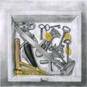 dessin d'une boite avec des clés et divers outils