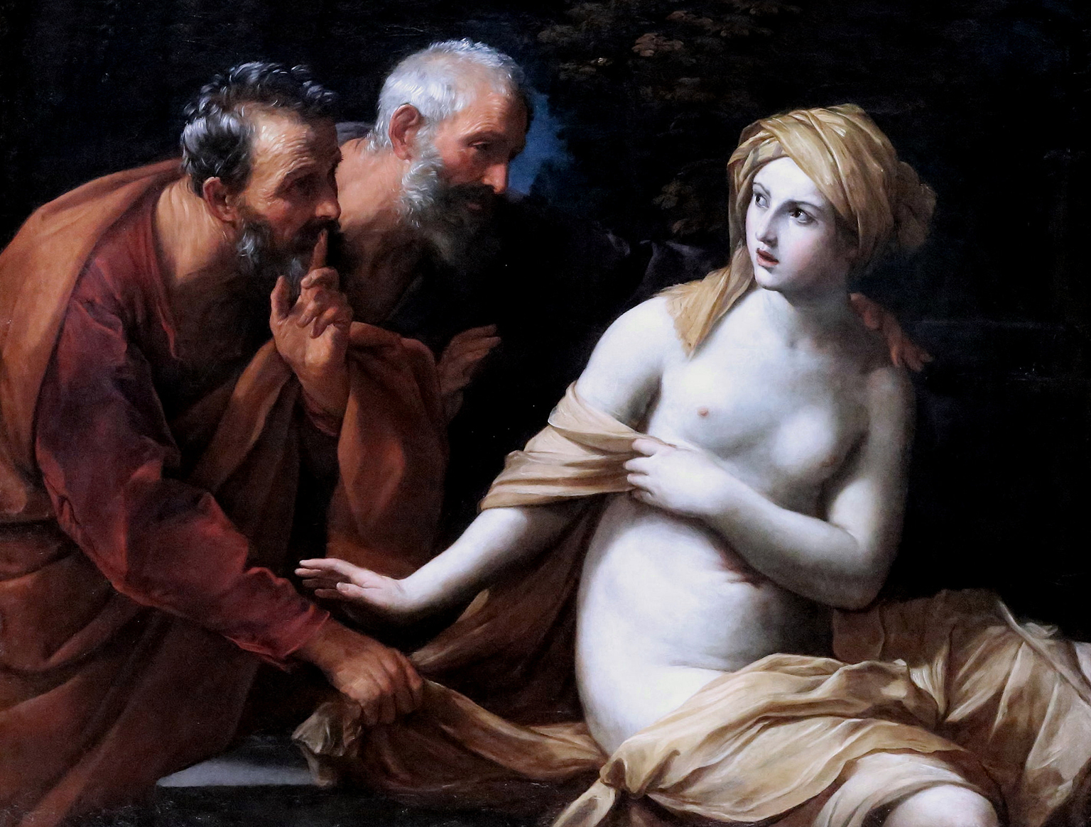 une femme nue et 2 hommes qui la regardent