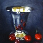 huile sur toile, nature morte cerises et timbale