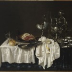 still life, ham, cup nautile, silver decanter