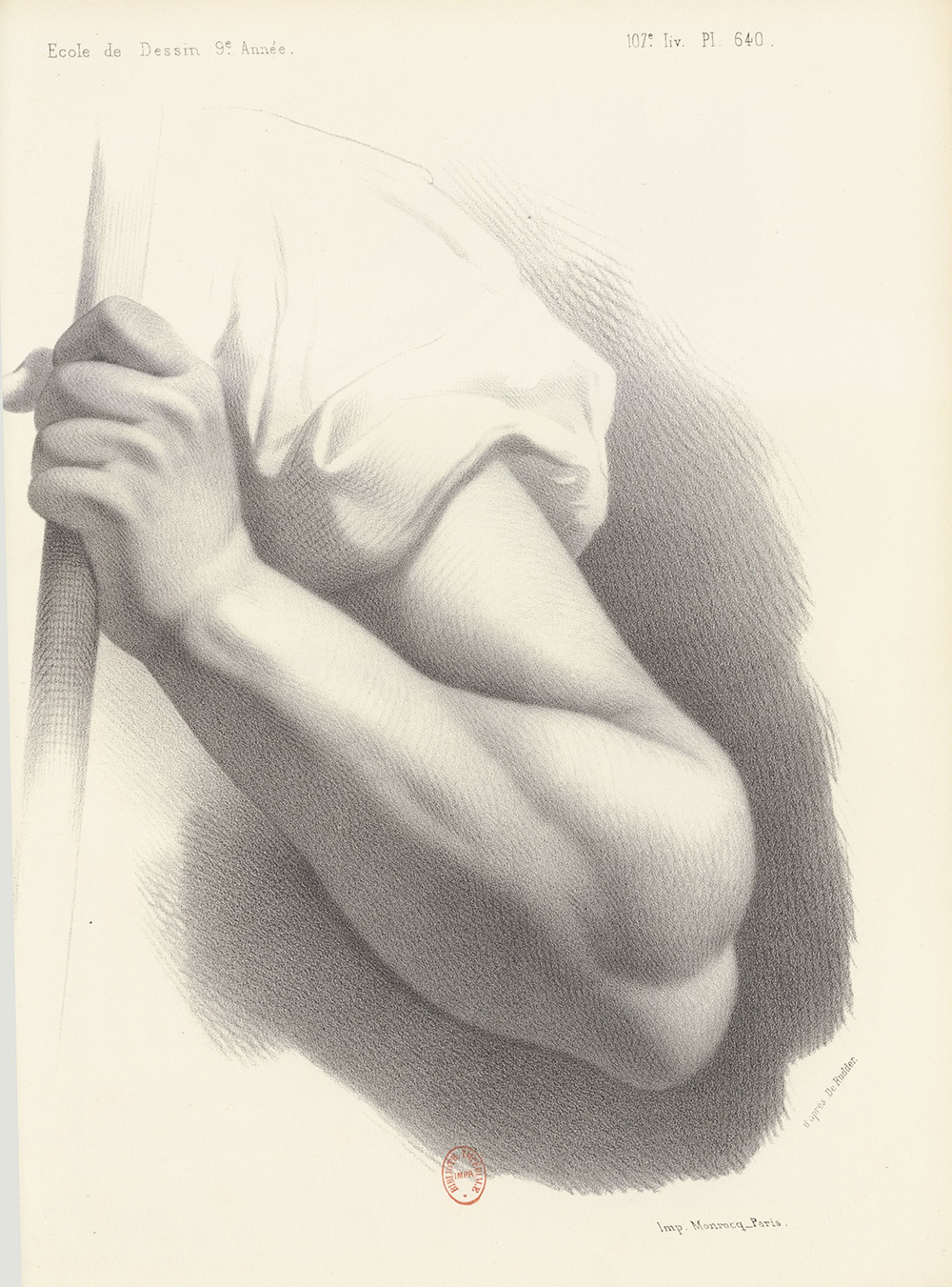 dessin d'étude d'un bras et d'une main tenant un bâton