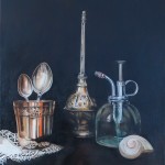 still life, argenterie, cuillères, gobelet, vaporisateur