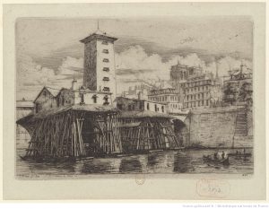 vue ancienne de la Pompe installée à Paris sur la seine