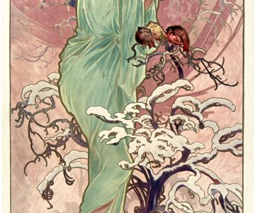 Hiver,Mucha, neige, femme habillée de vert