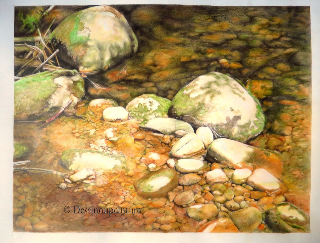 dessin de rivière, cailloux , crayons de couleur