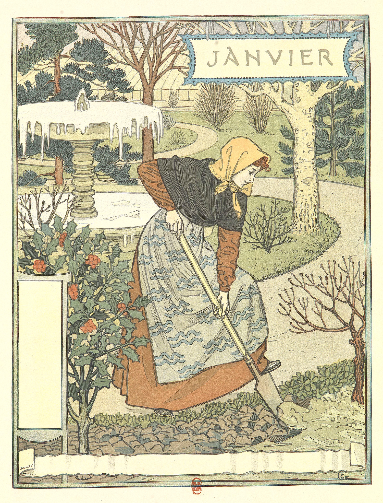 illustration , janvier, femme au jardin,