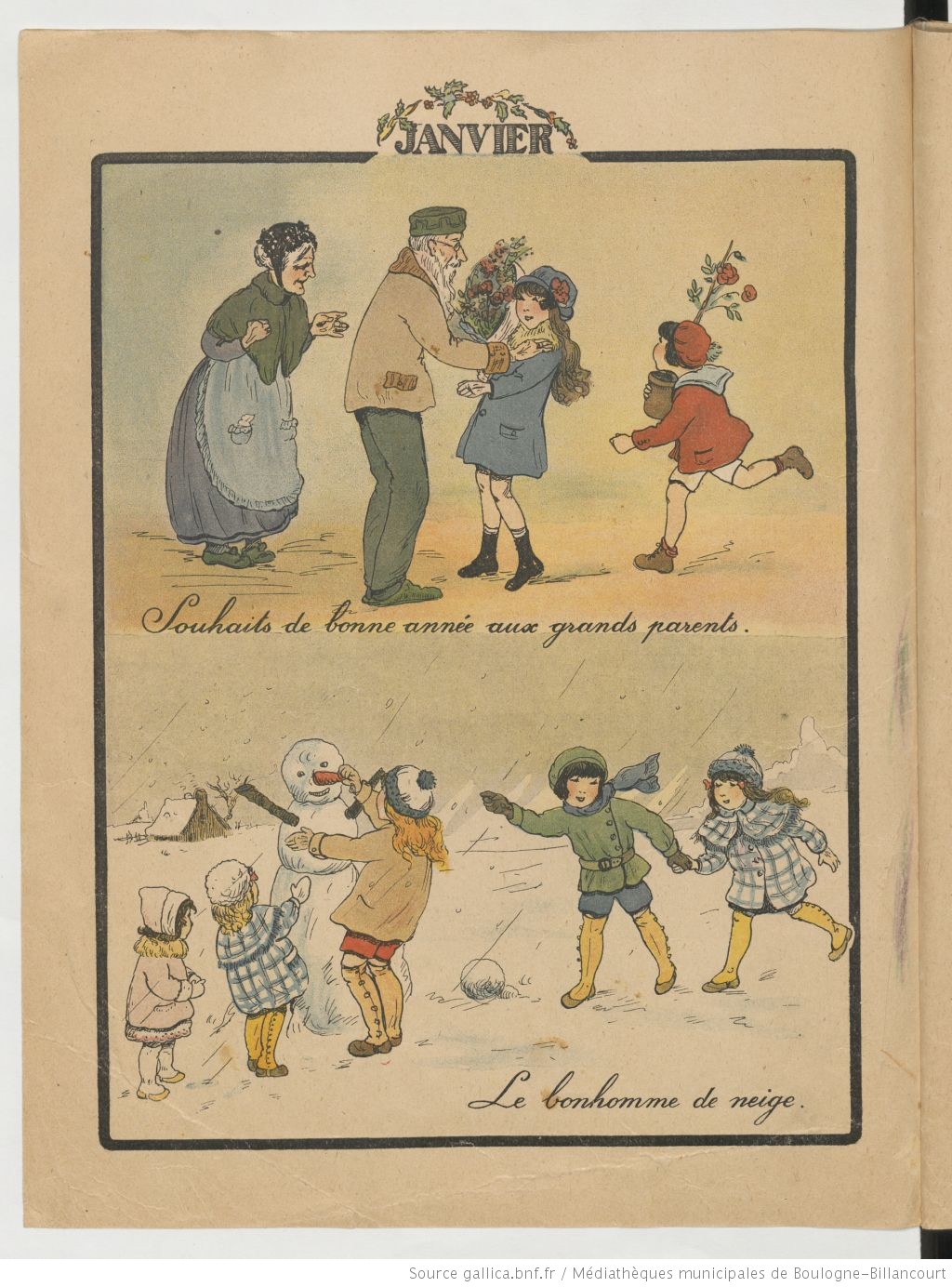 2 dessins, enfants jouant dans la neige et enfants et grands parents