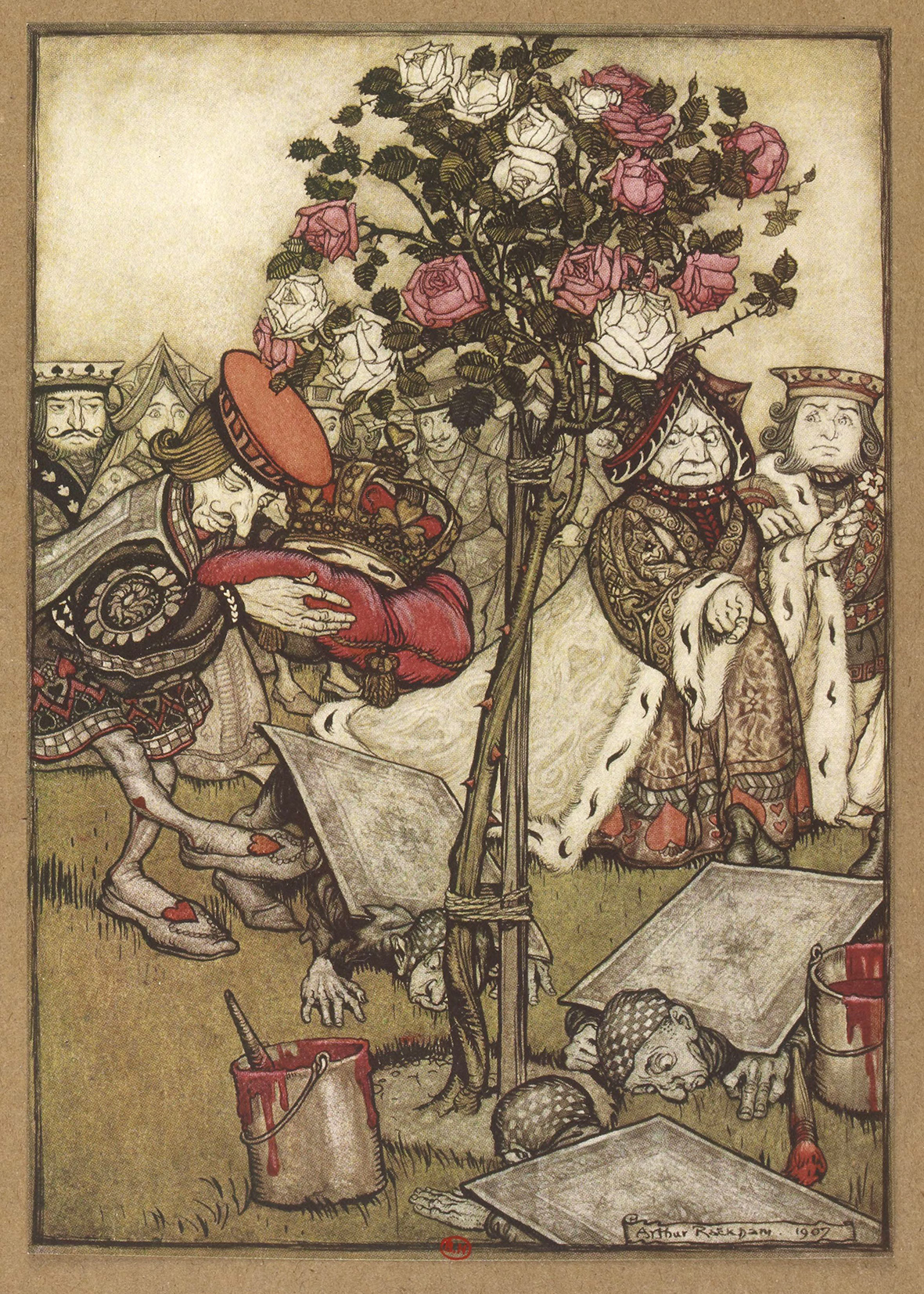 Un grand rosier et en arrière plan le roi la reine et le chambellan tenant un coussin et une carte