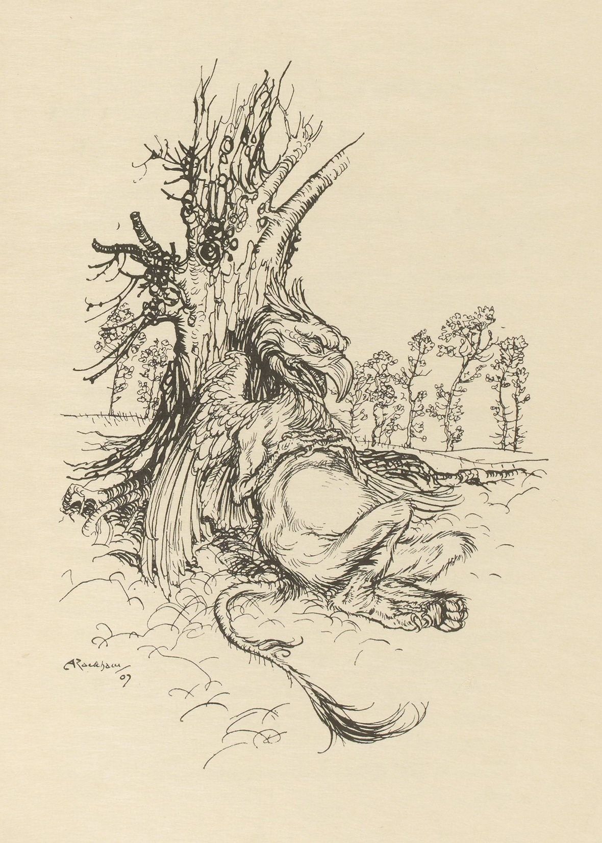 griffon assis et adossé à un arbre
