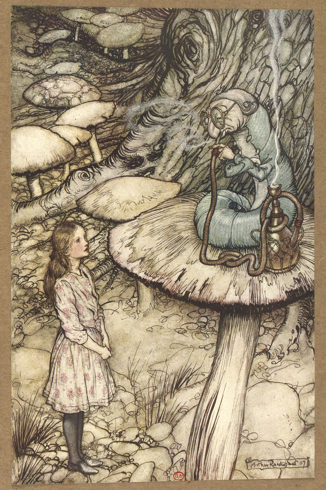 Alice devant une chenille en train de fumer assise sur un champignon