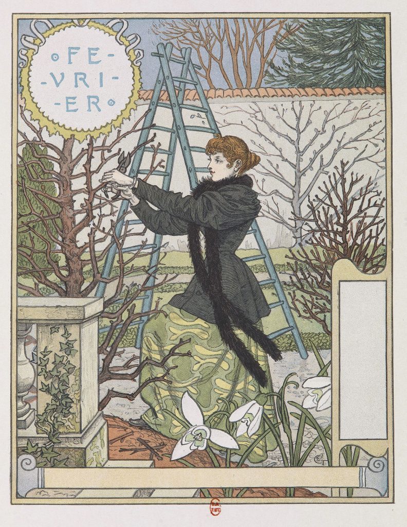 février, femme, jardin