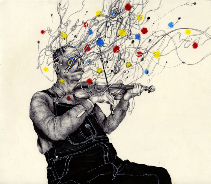 dessin d'un homme jouant du violon, les noter et la musique sont exprimé par des taches colorées dans un fouillis de fils