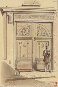 Caserne des pompiers rue J. J. Rousseau, dessin de JA Chauvet  1874- Gallica