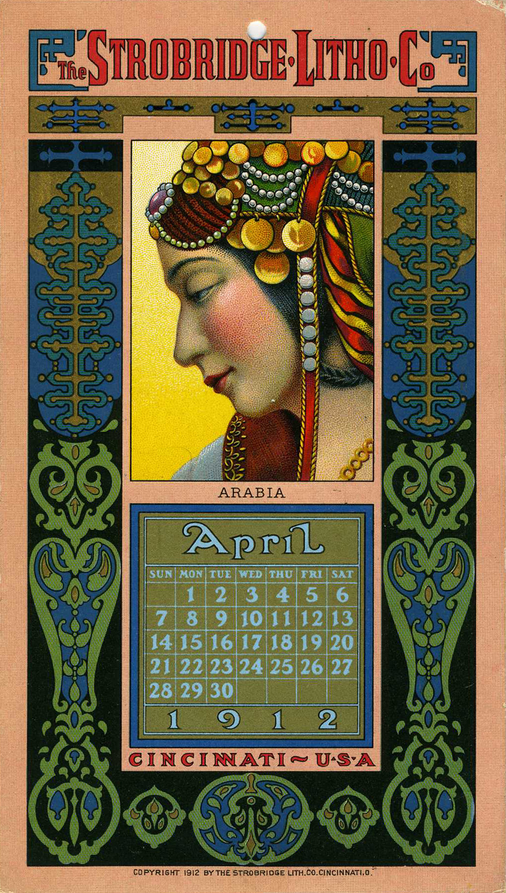 lithographie, calendrier avril 1912, portrait de femme de profil