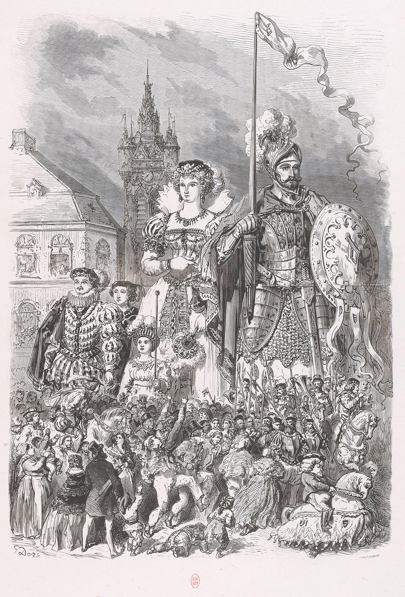 Planche gravée, fumé pour l'illustration de : "Le géant Gayant et sa famille" dans "Journal pour tous"]/ G. Doré ; Trichon - 1856 - Gallica, ark:/12148/btv1b10318762k