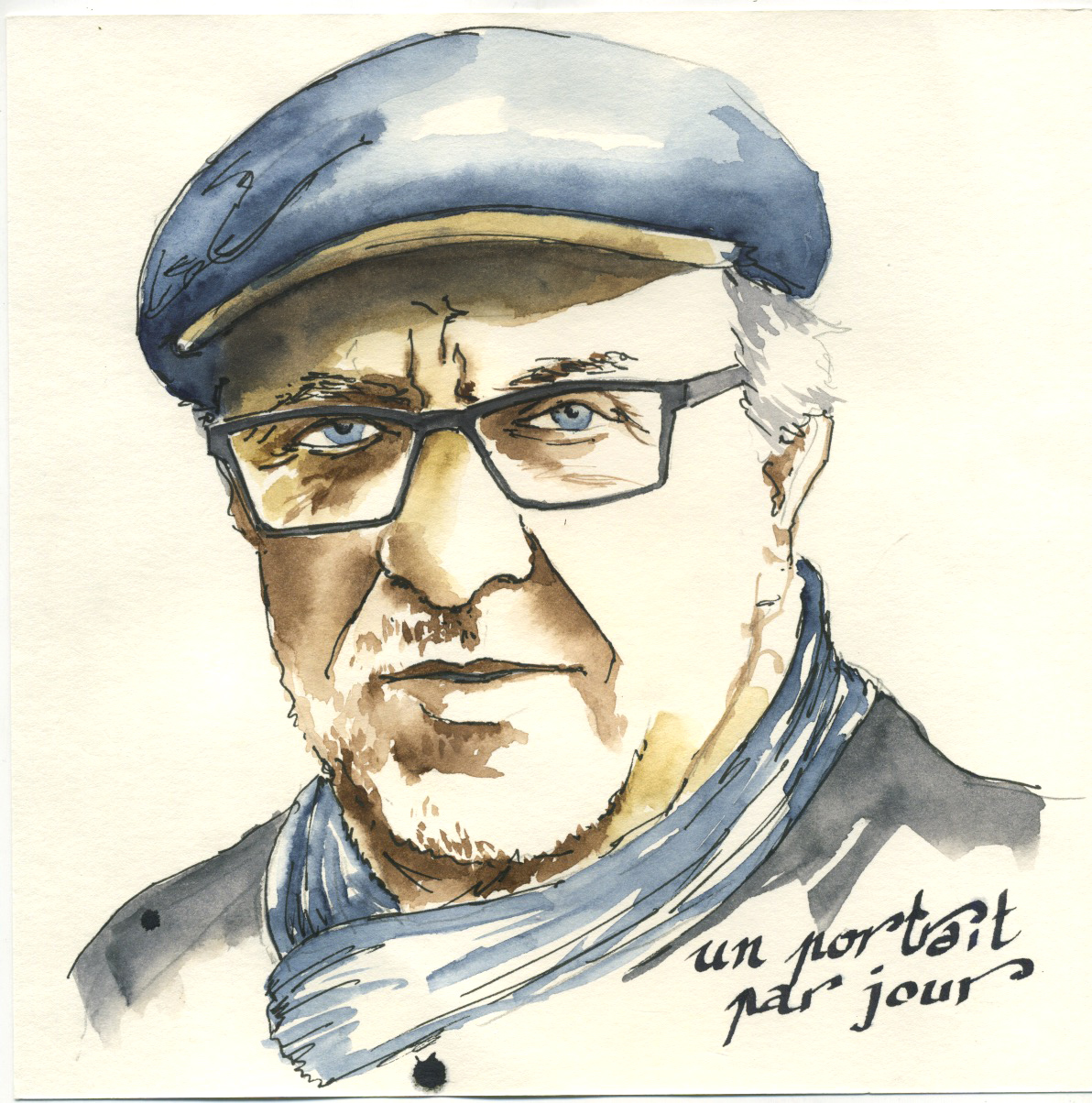 portrait à l'aquarelle d'un homme avec une casquette