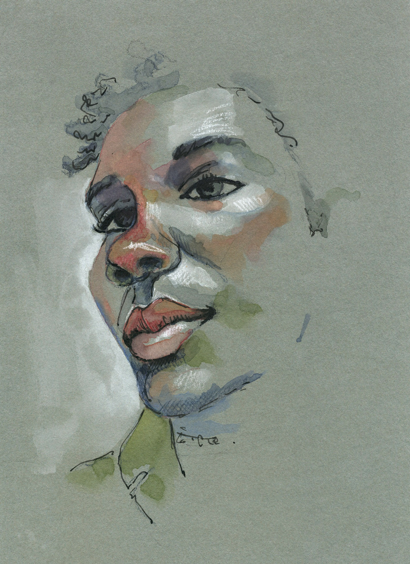 Portrait-aqua Keyasia Morris Modele Sktchy, aquarelle, encre et pastel blanc sur papier gris