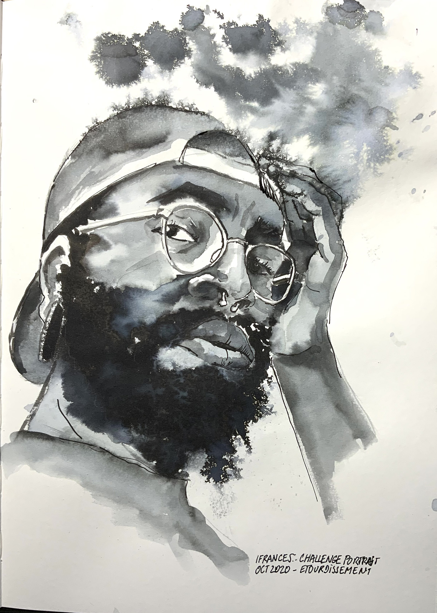 Portrait à l'encre d'Oribie, modele Sktchy, pour illustrer l'étourdi