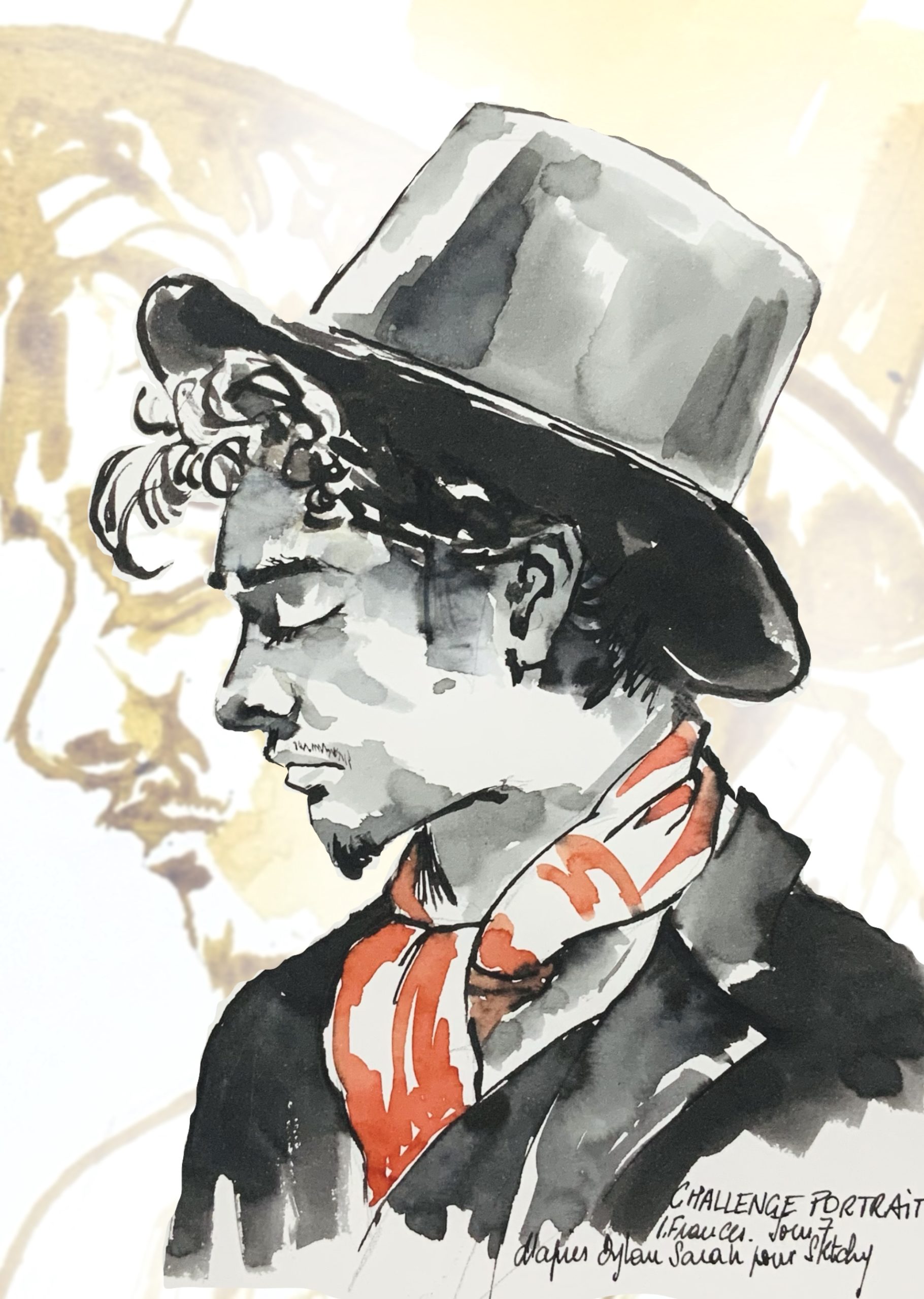 Challenge portrait -7e Jour Double portrait Fantaisie avec Dylan Sara - encre ocre, noire et rouge au calame et pinceau