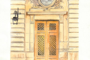 dessin à l'aquarelle d'une porte cochère à Paris