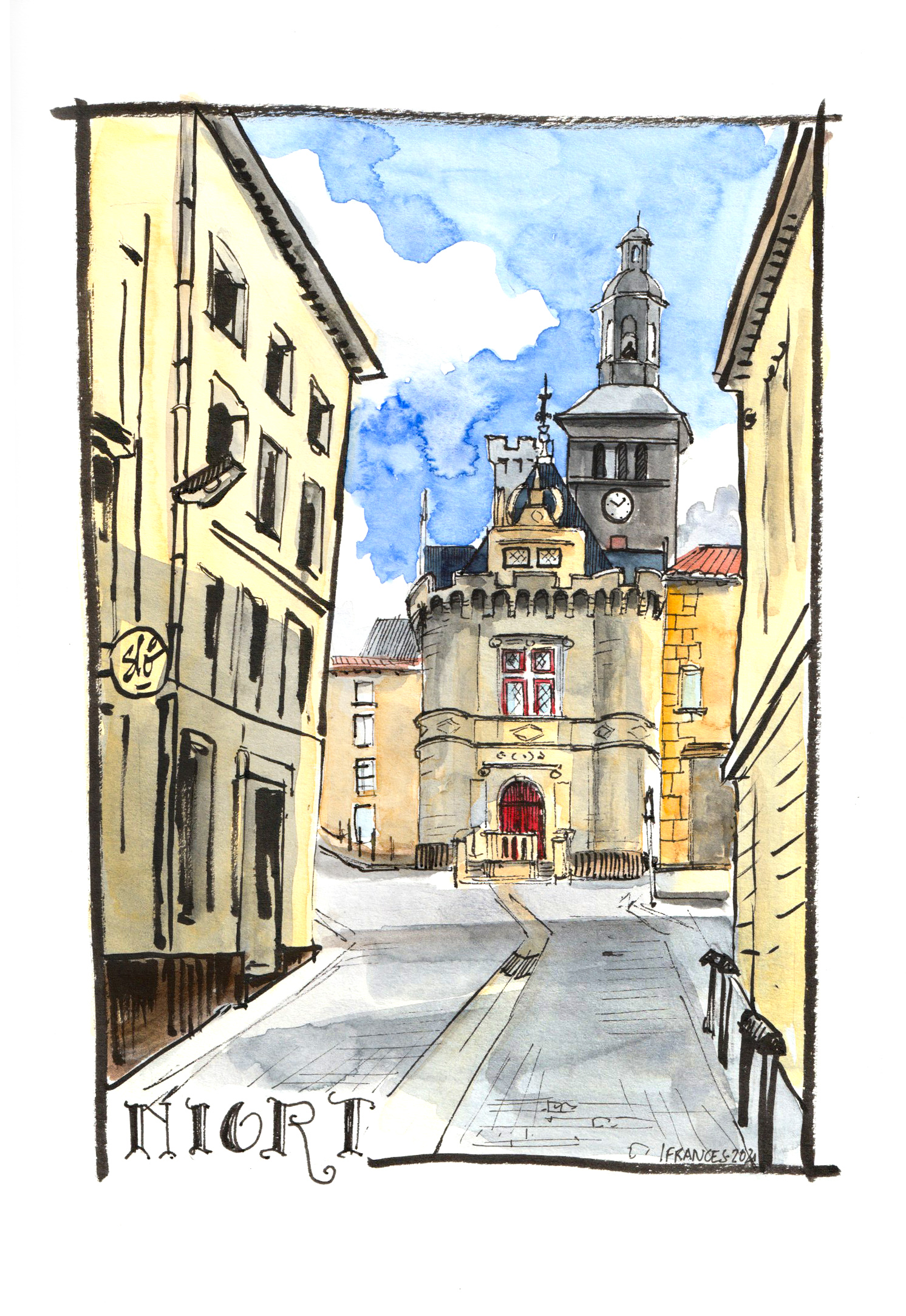 croquis aquarelle du Pilori, ancien Hotel de ville de Niort - ©I.Frances