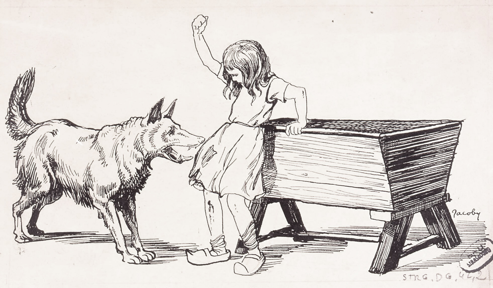 Fillette et chien aboyant
de Jean Jacoby  1920 -©Gallica