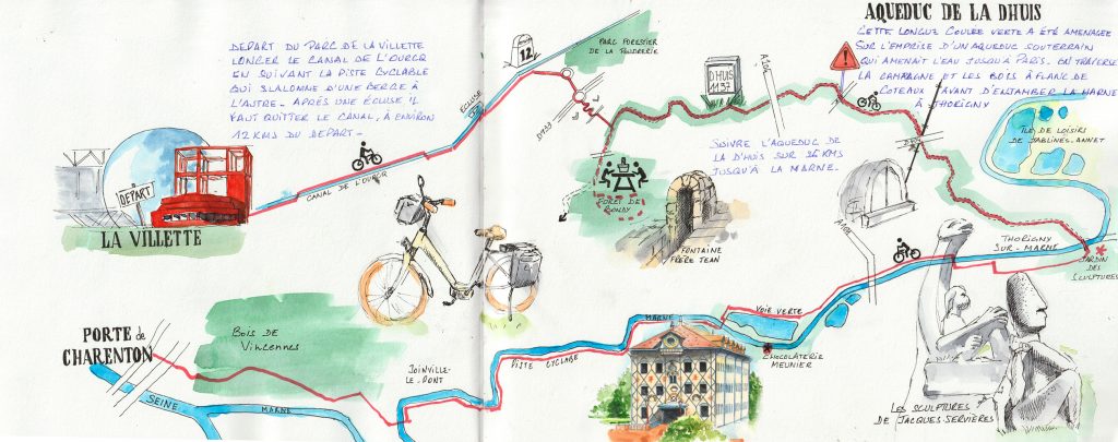 tracé illustré pour une randonnée vélo entre le canal de l'Ourcq, l'aqueduc de la Dhuys et la Marne